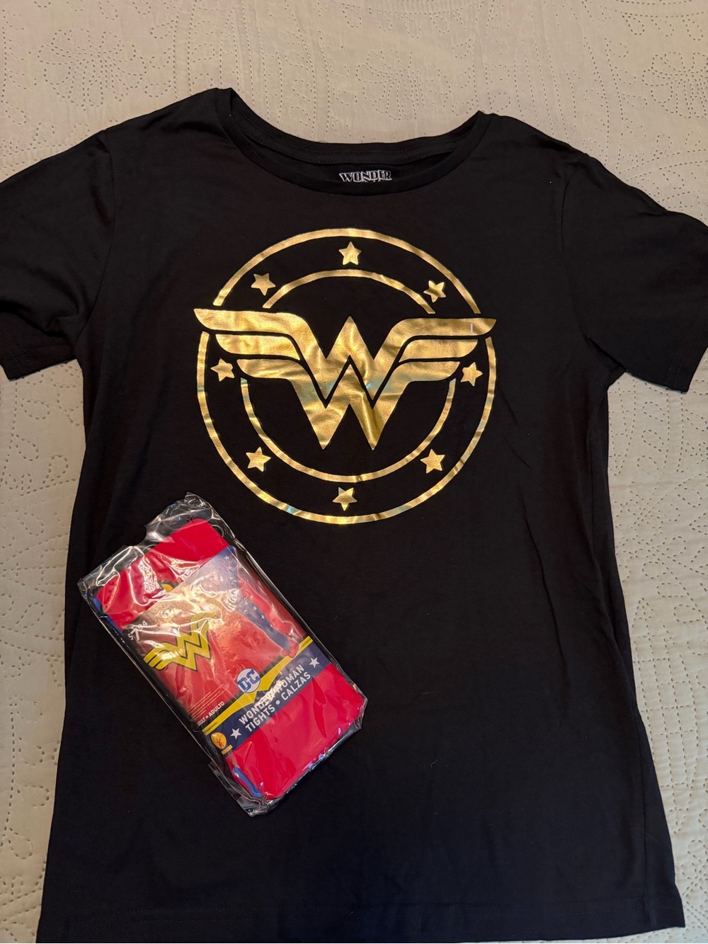 Wonder Woman Black Tee Gold Logo and new Wonder Woman tights